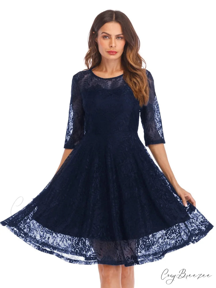 Scallop Trim Lace Overlay Dress in Black M / Blue