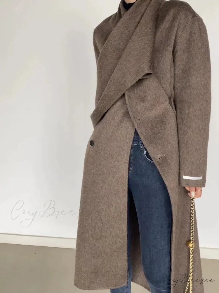 Scarf Collar Double-Breasted Wool Coat Brown / One Size overcoats-241228