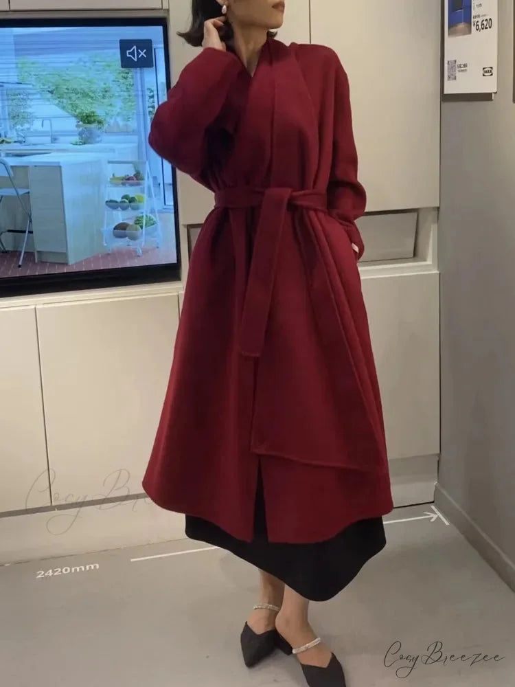 Scarf Collar Double-Breasted Wool Coat Deep Wine Red / One Size overcoats-241228