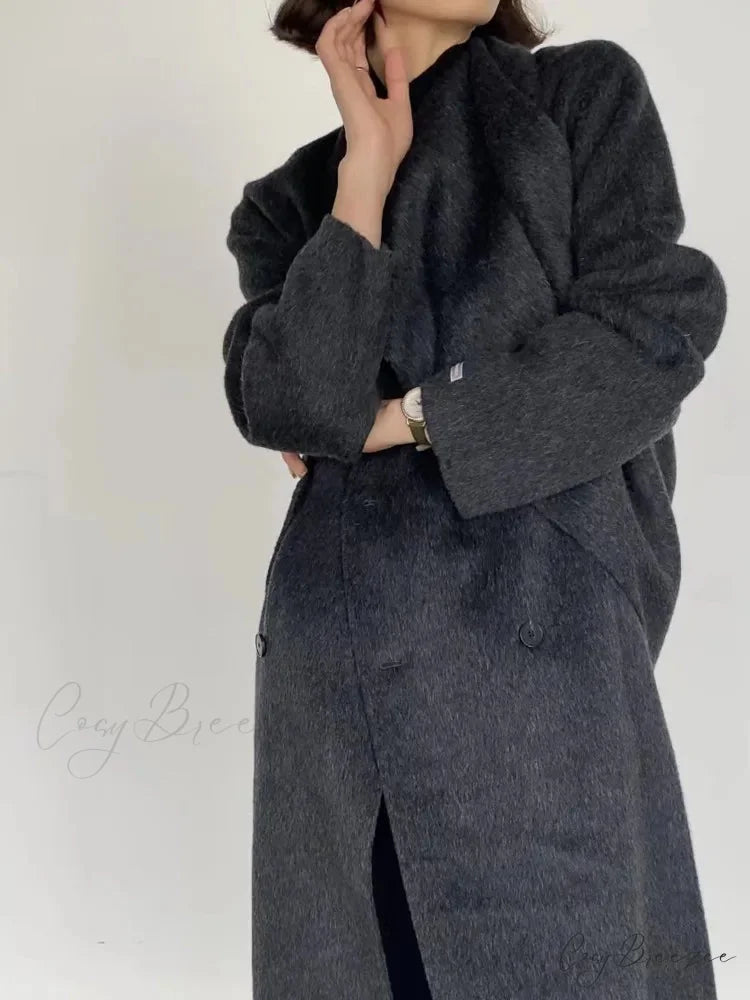 Scarf Collar Double-Breasted Wool Coat Mixed Dark Grey / One Size overcoats-241228