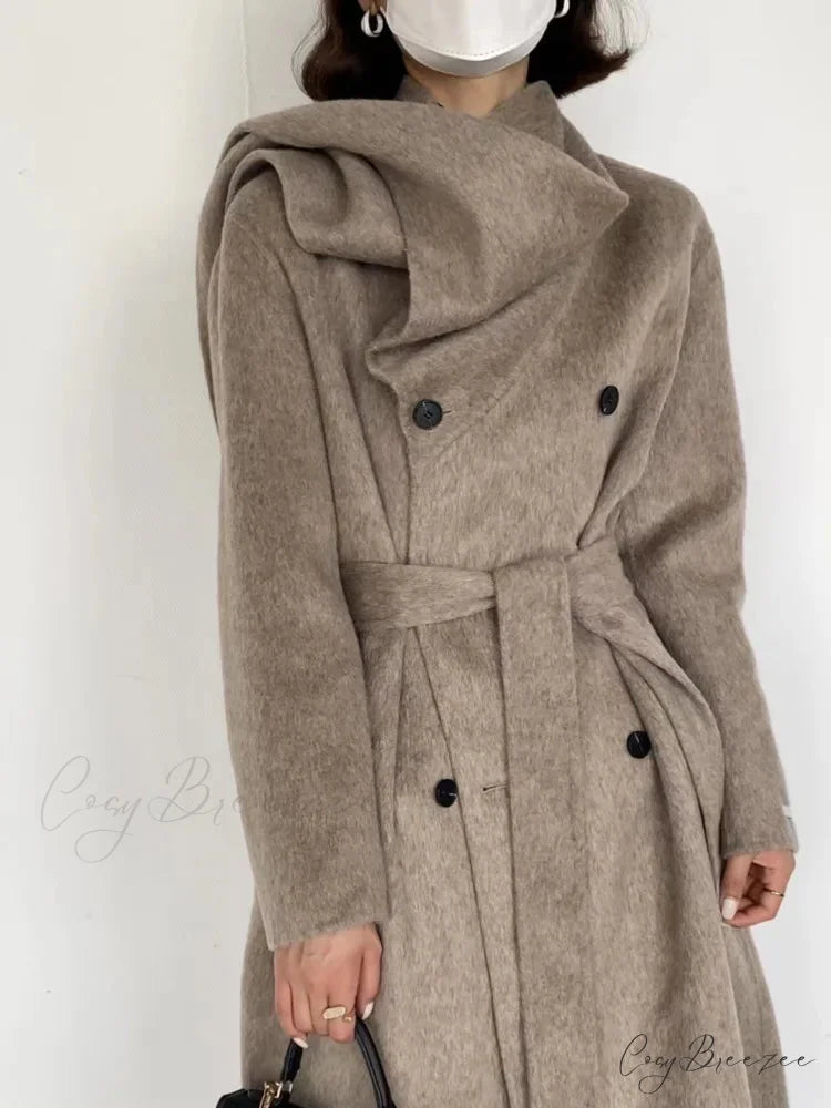 Scarf Collar Double-Breasted Wool Coat Oat Color / One Size overcoats-241228