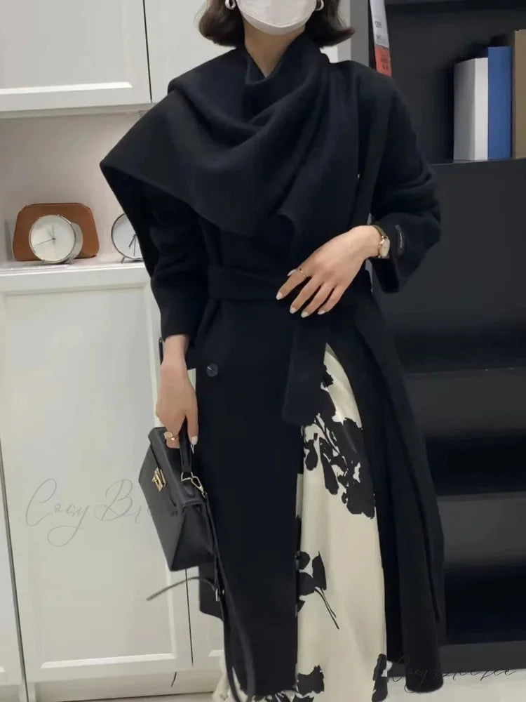 Scarf Collar Double-Breasted Wool Coat Solid Black / One Size overcoats-241228