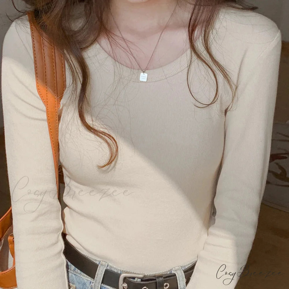 Screw Thread Cotton T-shirt Slim Sweater apricot / One Size swraters-241228