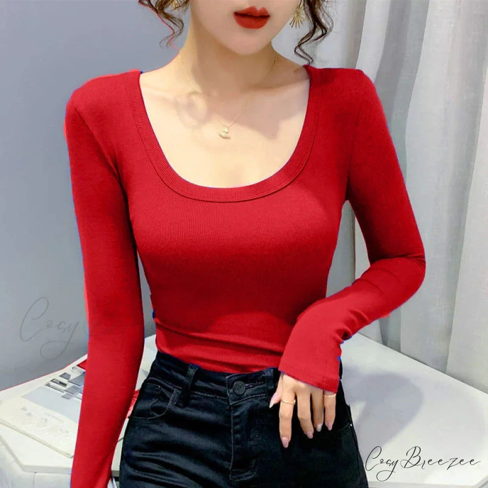 Screw Thread Cotton T-shirt Slim Sweater Red / One Size swraters-241228