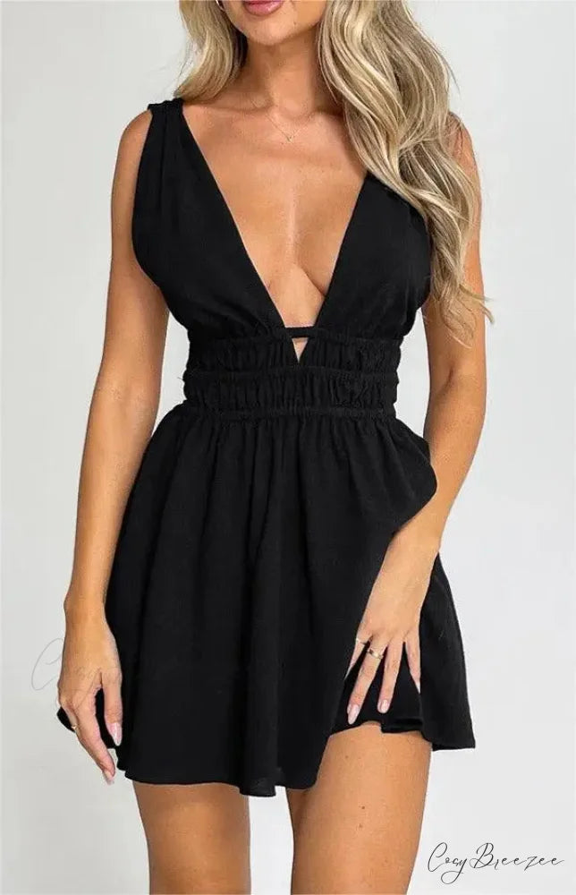 Seductive Backless V-neck Floral Print Mini Dress BLACK / S floraldress-250126