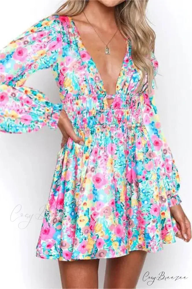 Seductive Backless V-neck Floral Print Mini Dress COLORFUL / S floraldress-250126