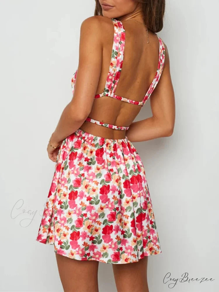 Seductive Backless V-neck Floral Print Mini Dress floraldress-250126