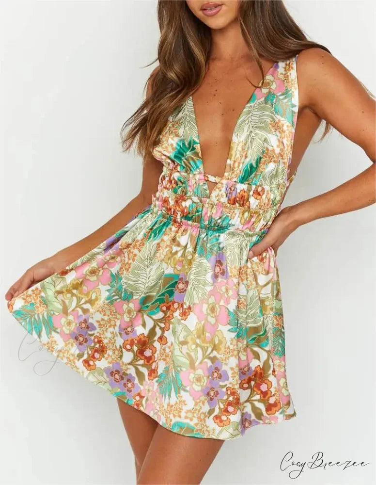 Seductive Backless V-neck Floral Print Mini Dress GREEN / S floraldress-250126