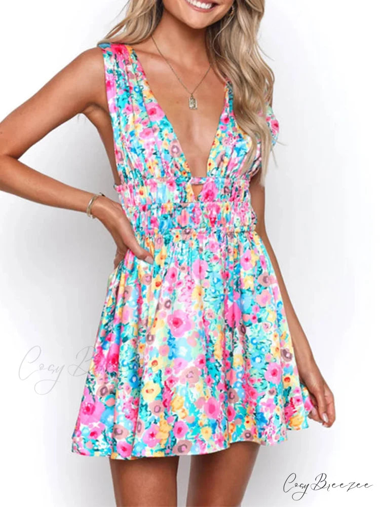 Seductive Backless V-neck Floral Print Mini Dress PURPLE / S floraldress-250126