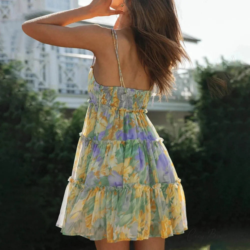 Seductive Chiffon Ruffle Floral Suspender Sundress floraldress-250126