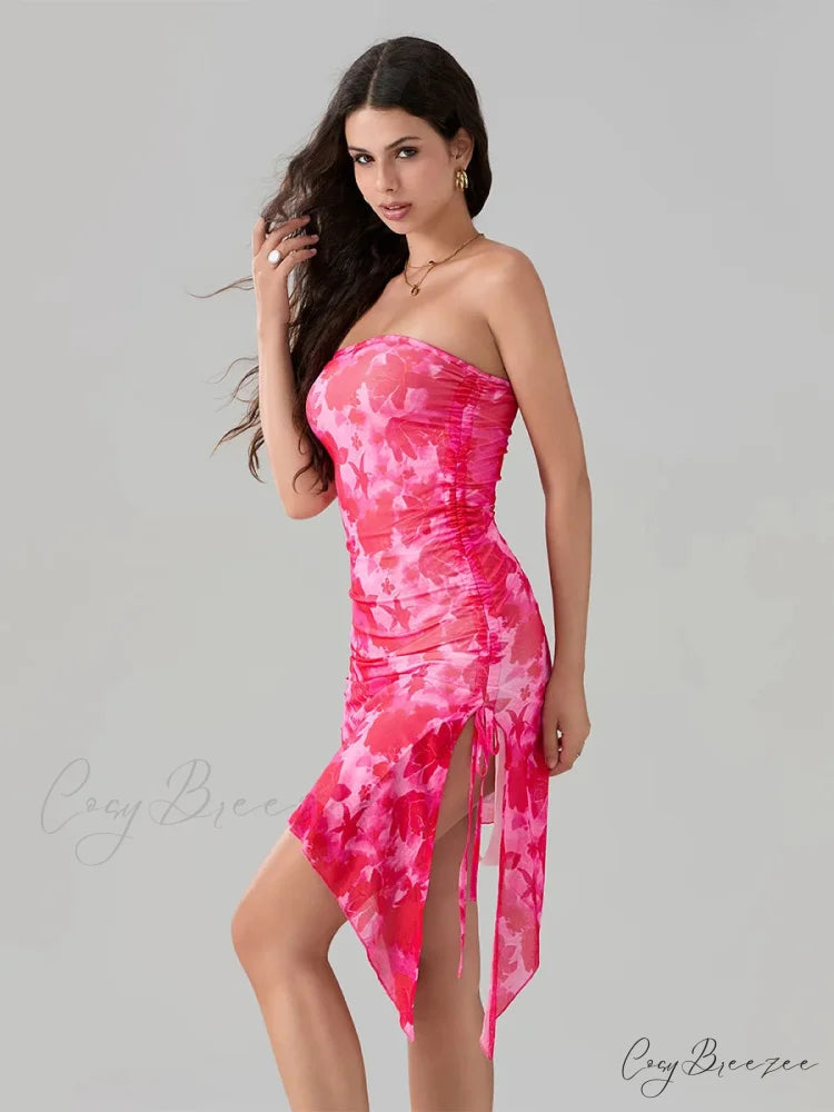 Seductive Floral Print Bandeau Asymmetrical Dress floraldress-250126
