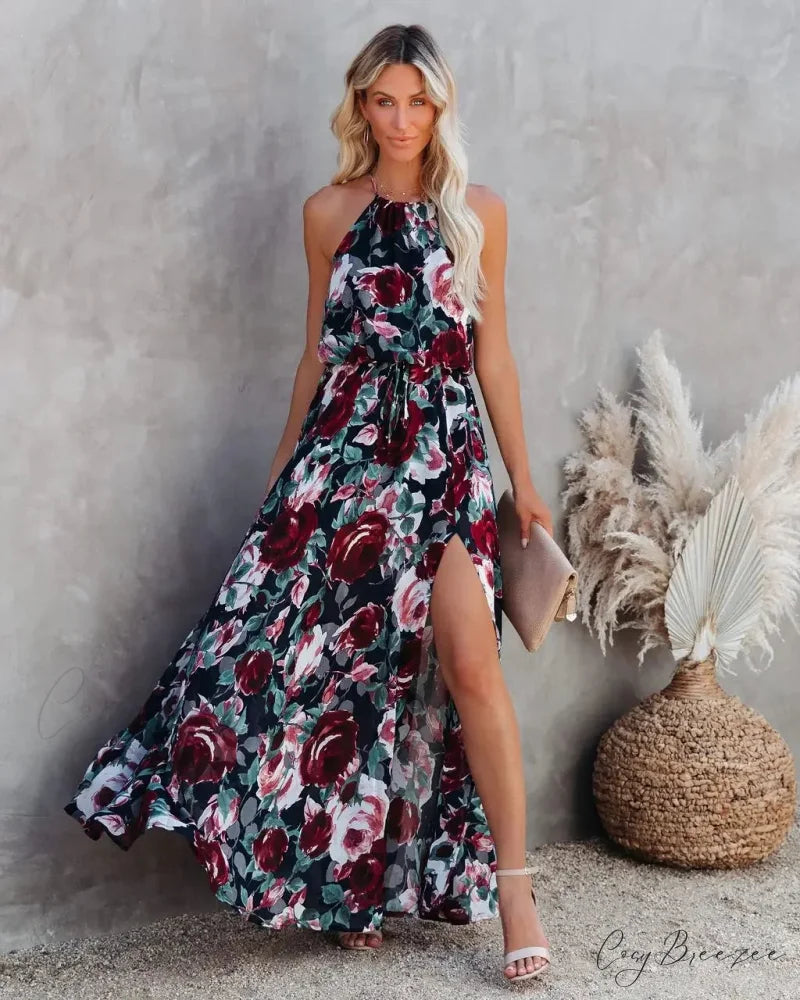 Seductive Halter Floral Party Sundress black / M oldfloraldress-250126