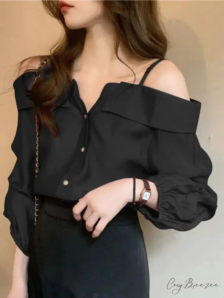 Seductive Off-shoulder Pleated Plain Blouse Black / S blouse-250126
