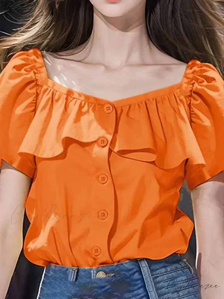 Seductive Square-neck Short Sleeve Relaxed Blouse Orange / S blouse-250126