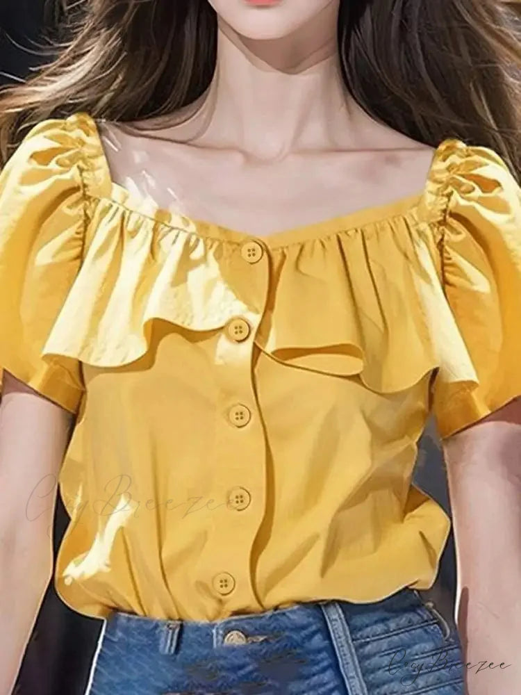 Seductive Square-neck Short Sleeve Relaxed Blouse Yellow / S blouse-250126