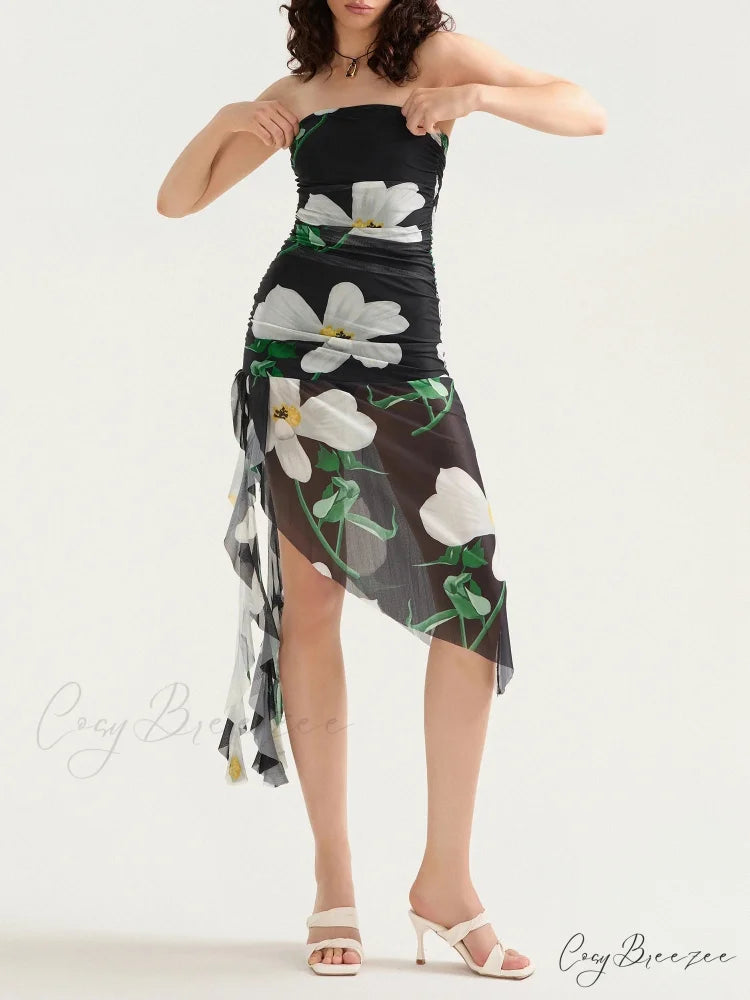Seductive Strapless Frilled Tassel Mini Dress Black / S floraldress-250126