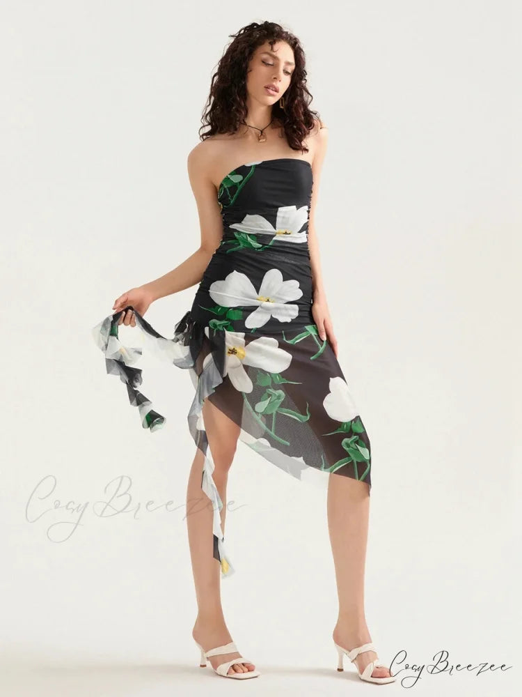 Seductive Strapless Frilled Tassel Mini Dress floraldress-250126