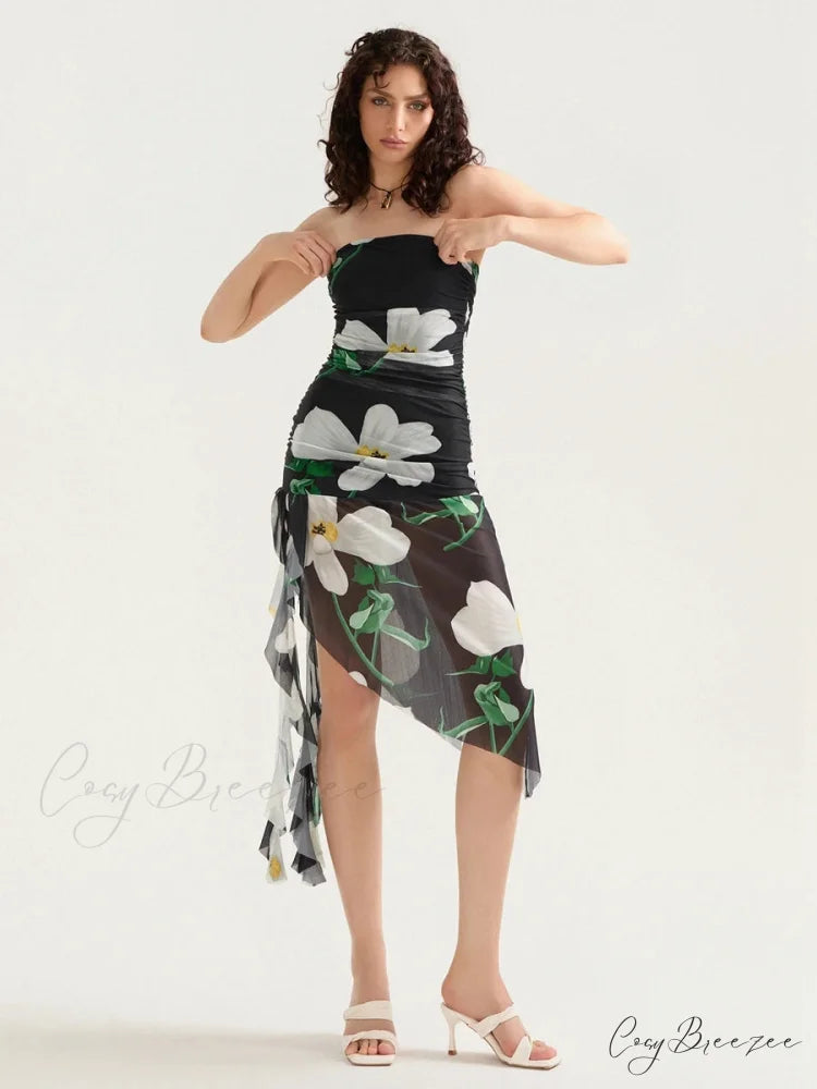 Seductive Strapless Frilled Tassel Mini Dress floraldress-250126