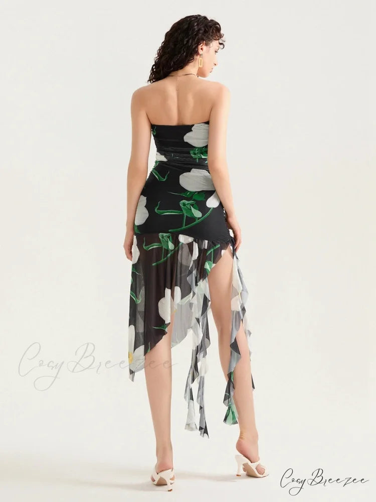 Seductive Strapless Frilled Tassel Mini Dress floraldress-250126