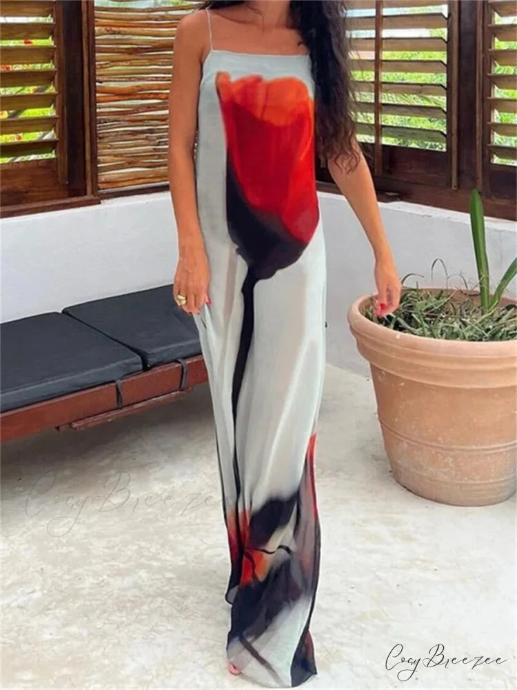 See-Through Abstract Floral Spaghetti Strap Loose Beach Holiday Dress Mixed Color / S floraldress-250126