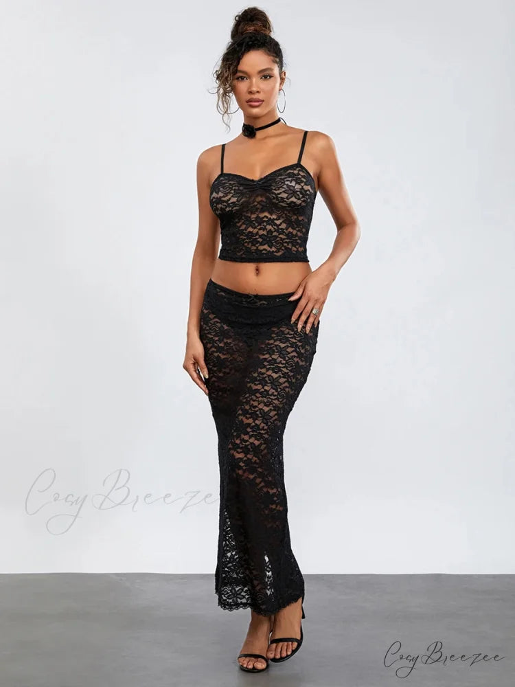 See-Through Black Lace Crochet Camis Crop Skirt floraldress-250126