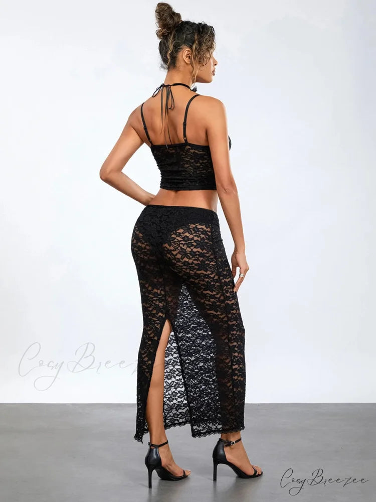 See-Through Black Lace Crochet Camis Crop Skirt floraldress-250126