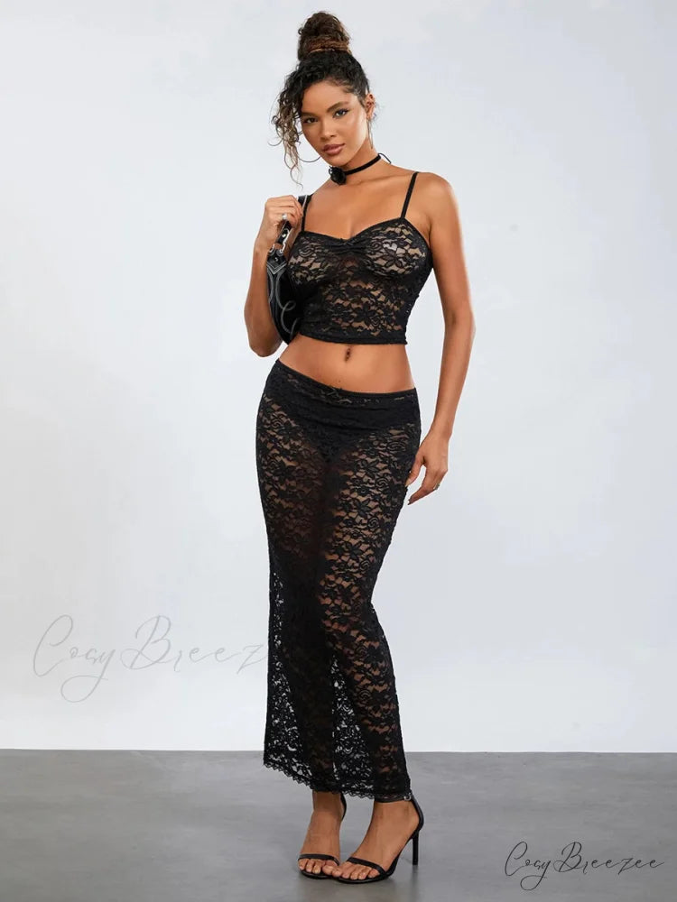 See-Through Black Lace Crochet Camis Crop Skirt Black / S floraldress-250126