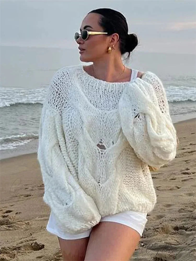 See-through Casual Loose Y2K Knitted Sweater WHITE / S swraters-241228