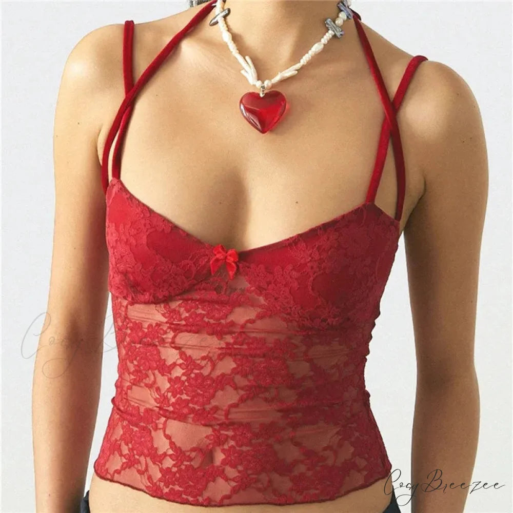 See-Through Lace Patch Crop Top Red / S croptop-250223