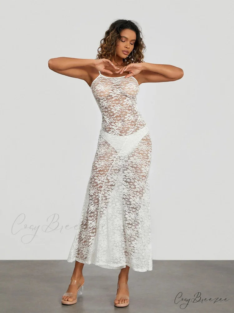 See-Through White Lace Sheer Backless Spaghetti Strap Sundress floraldress-250126