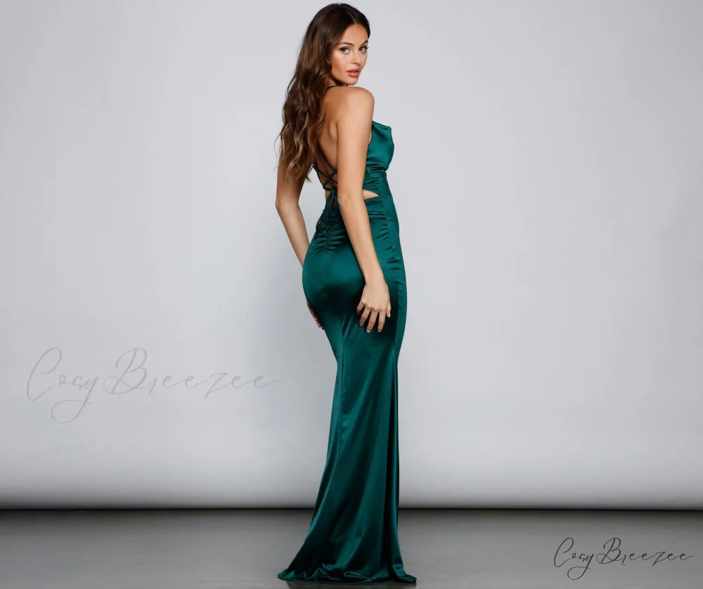 Selena Ruched Stylish Satin Mermaid Dress BLACK / S