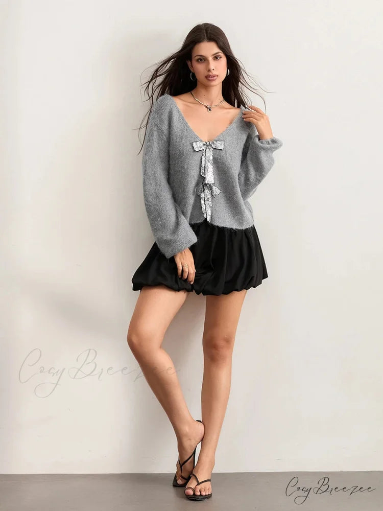 Sequin Bow Front Tie Loose V-neck Cardigan