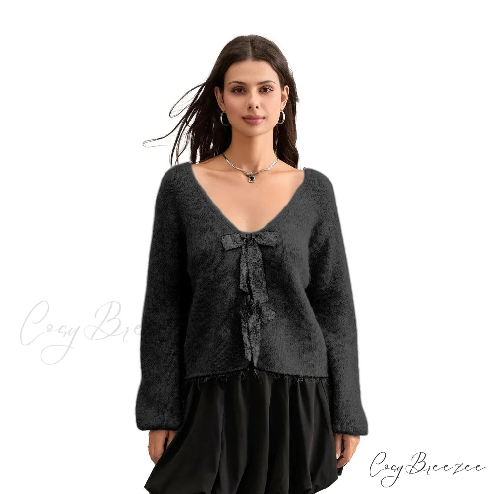 Sequin Bow Front Tie Loose V-neck Cardigan Black / S