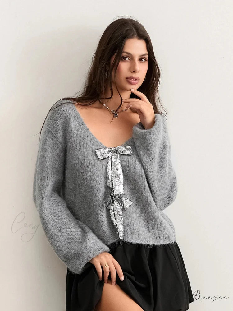 Sequin Bow Front Tie Loose V-neck Cardigan GRAY / S