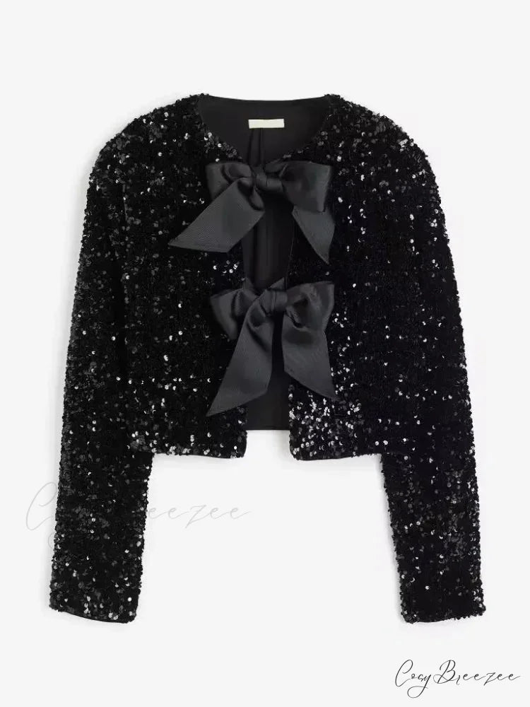 Sequin Bow Lace-Up Short Coat Black / XS