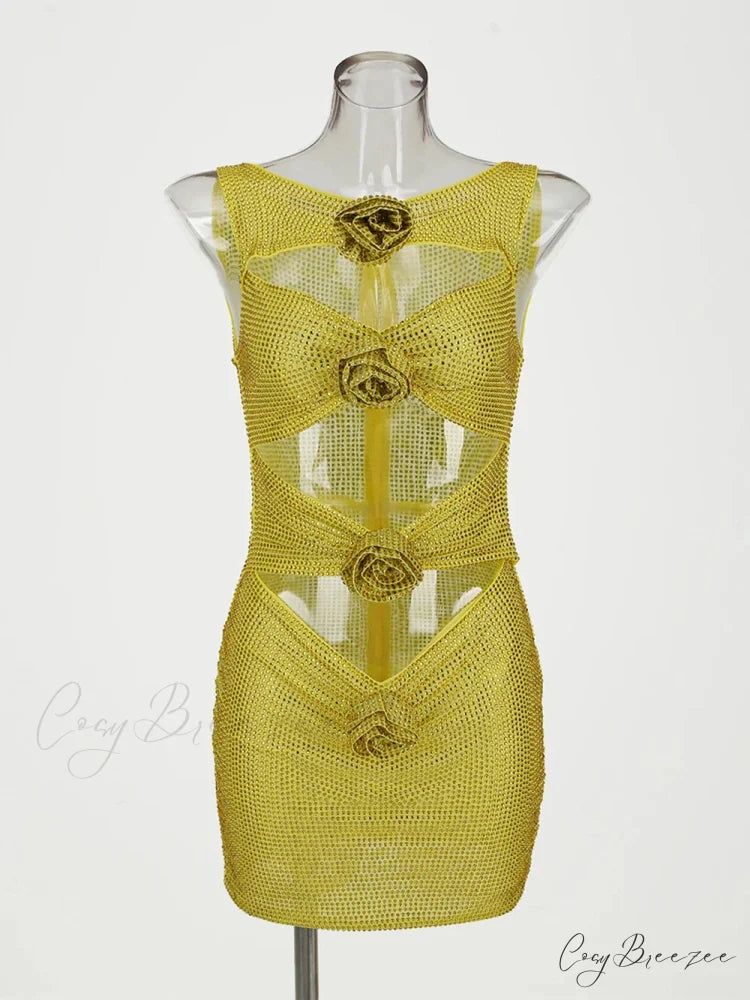 Sequin Flower Details Cut Graceful Out Bodycon Mini Dress