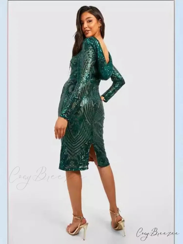 Sequin Hood Stylish Party Dress Green / XS