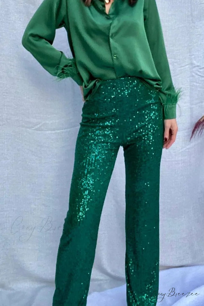 Sequin Long Straight Pants Green / M