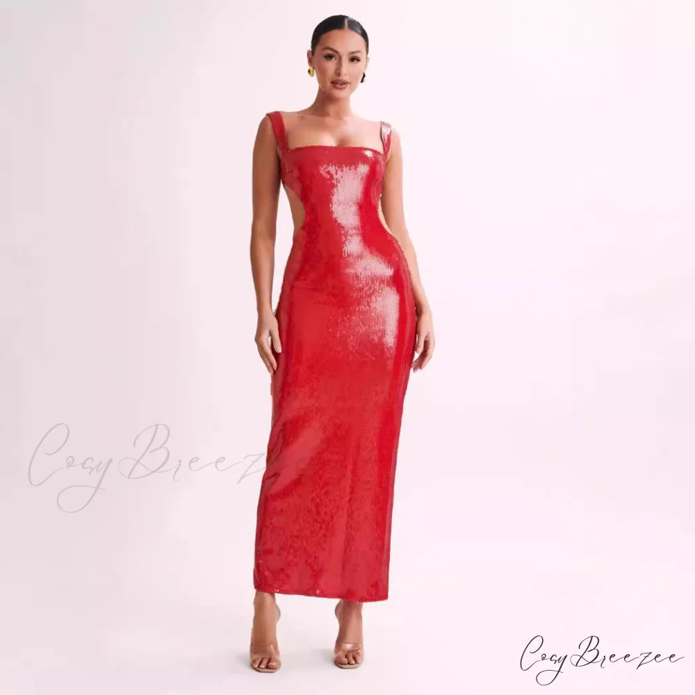Sequin Open-Back Slim Fit Slit Prom Dress red / S promdress-250223