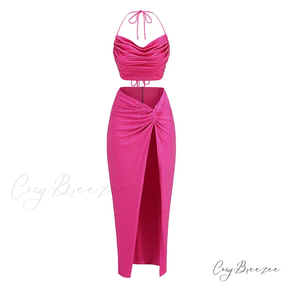 Sequin Open Back Tie Up Crop Modern Top And Wrap Midi Skirt Set Rose Red / M
