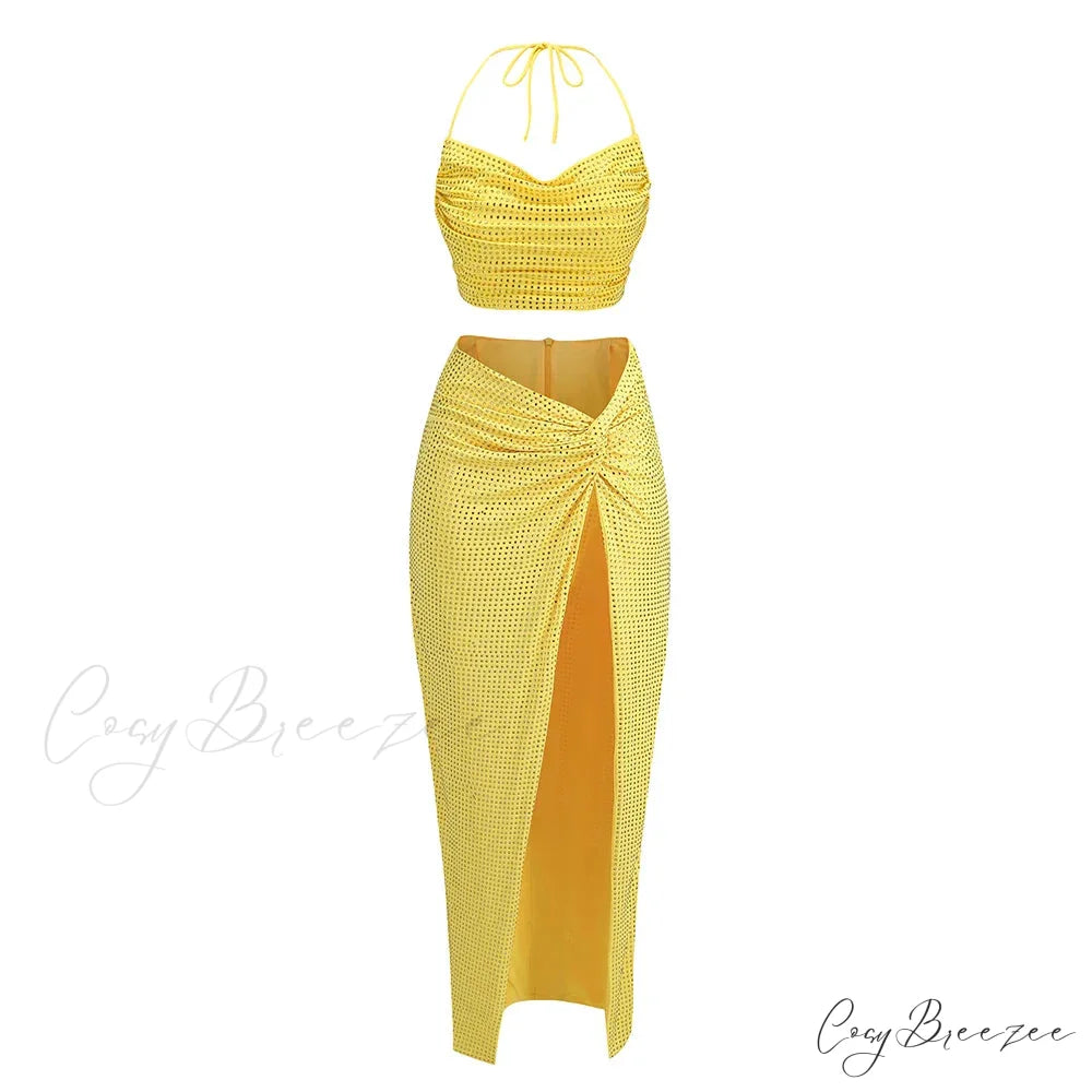 Sequin Open Back Tie Up Crop Modern Top And Wrap Midi Skirt Set Yellow / M