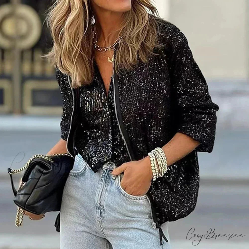 Sequin Shiny Slim Fit Zipper Party Cardigan cardigans-241228