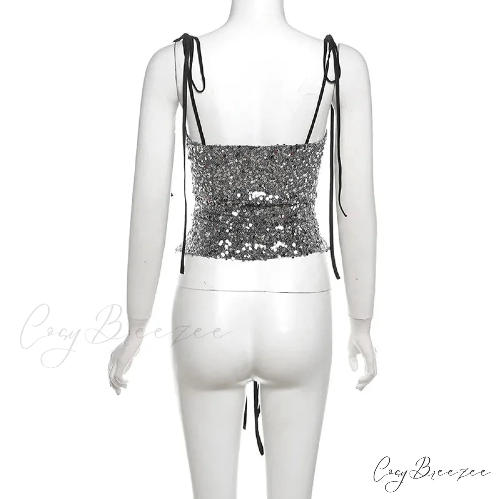 Sequin Silver Cut Out Graceful Tie Up Strappy Top