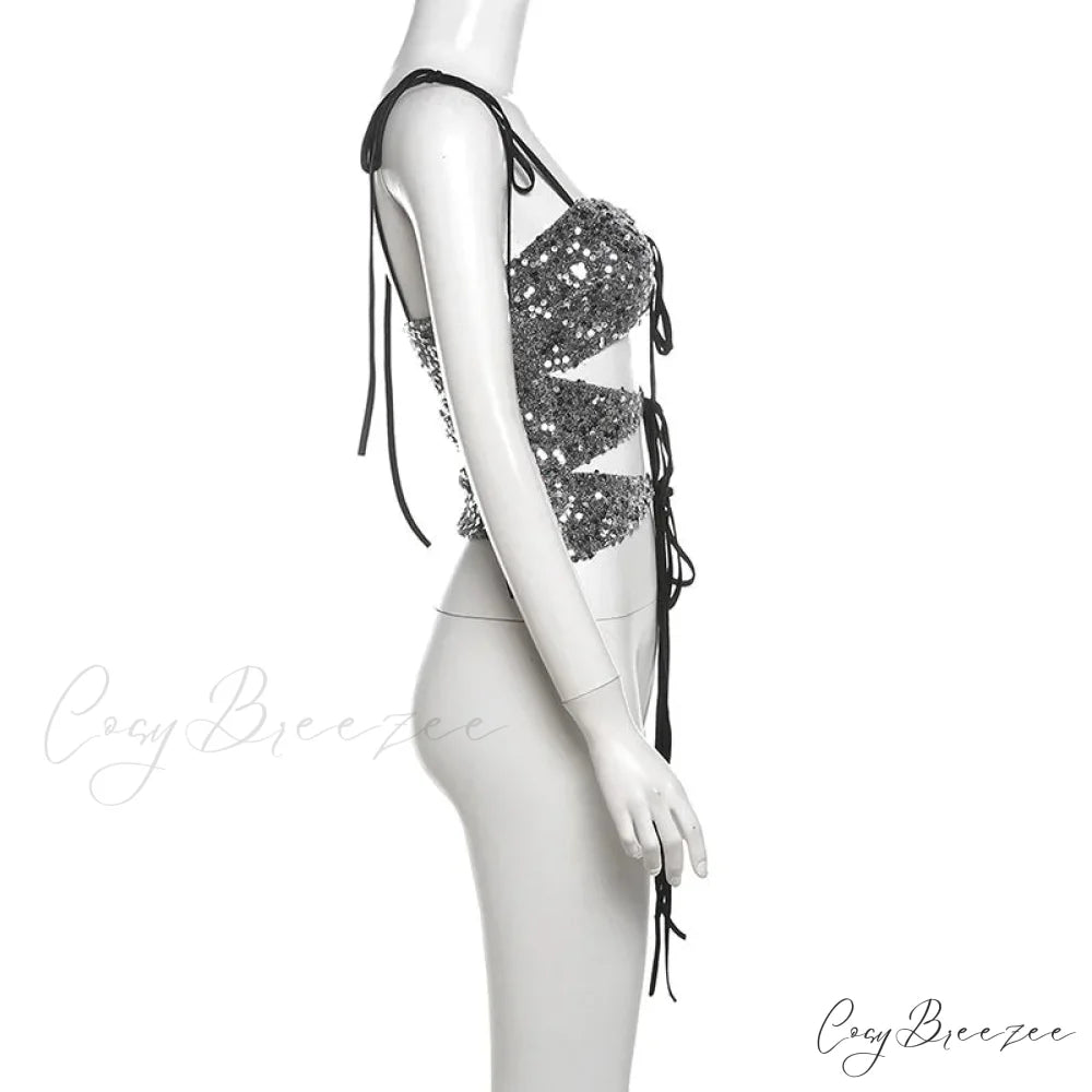 Sequin Silver Cut Out Graceful Tie Up Strappy Top