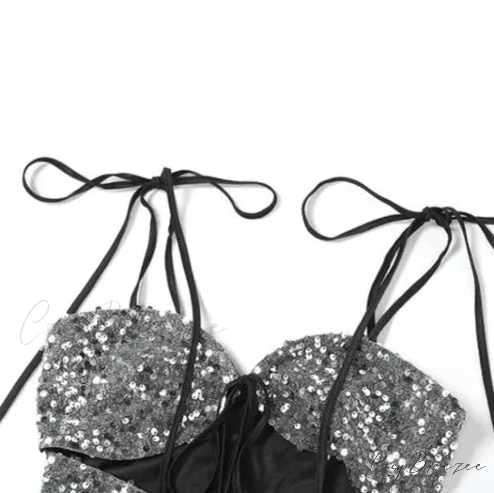 Sequin Silver Cut Out Graceful Tie Up Strappy Top