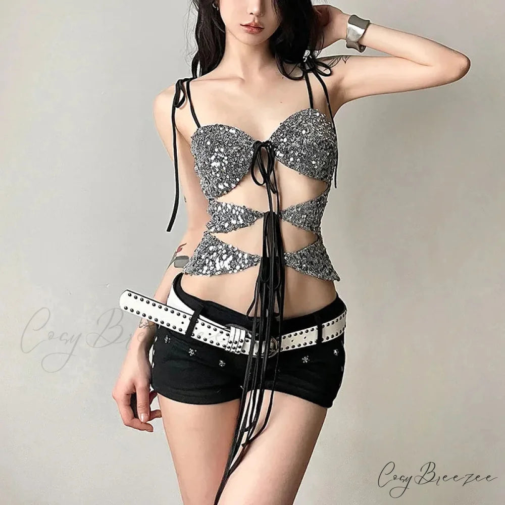Sequin Silver Cut Out Graceful Tie Up Strappy Top
