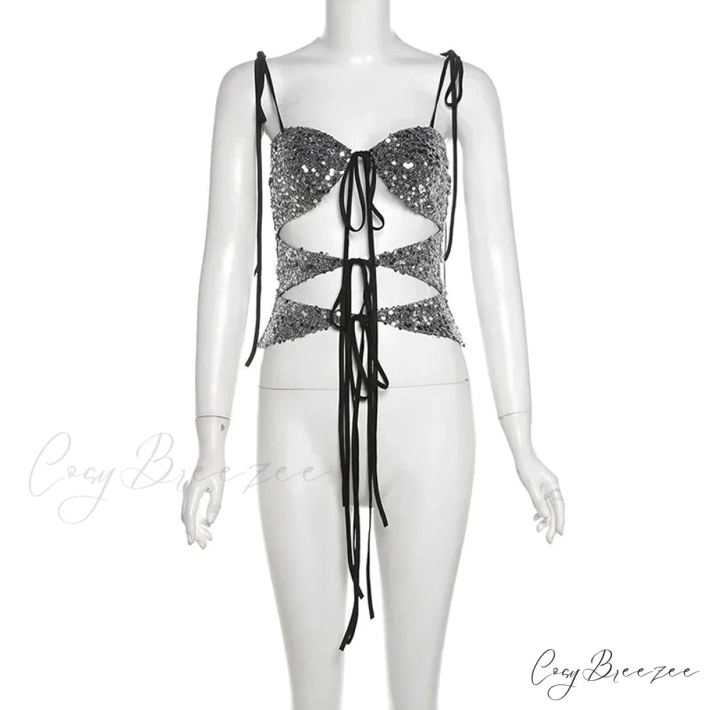 Sequin Silver Cut Out Graceful Tie Up Strappy Top