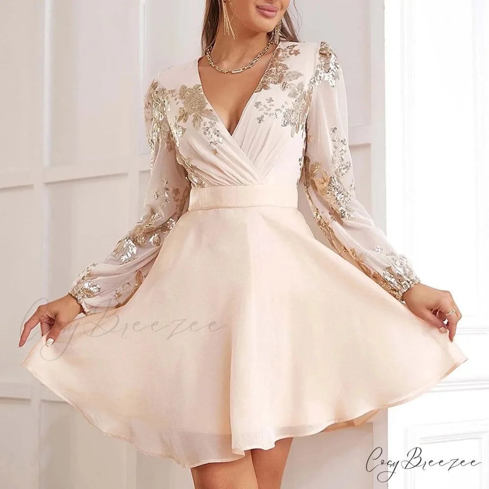 Sequin Stitching V Neck Party Gauze Long Sleeve Short A-Line High Waist Female Elegant Evening Party Dress Beige / S
