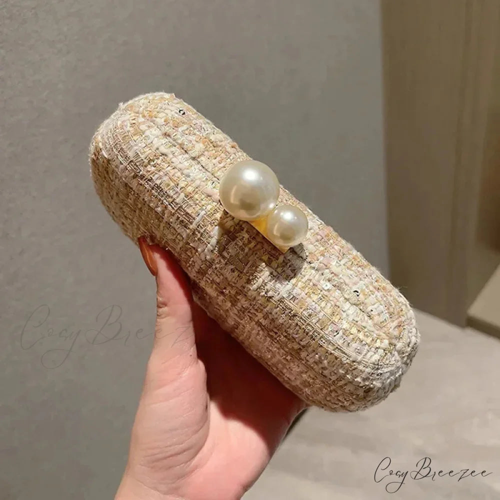 Sequin Tweed Pearl Clutch Gold wristlet-250126