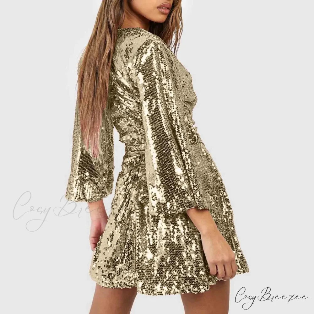Sequin V Neck Gold Party Evening Long Ball Sexy Gown Women Prom Bridesmaid Elegant High Waist Dress